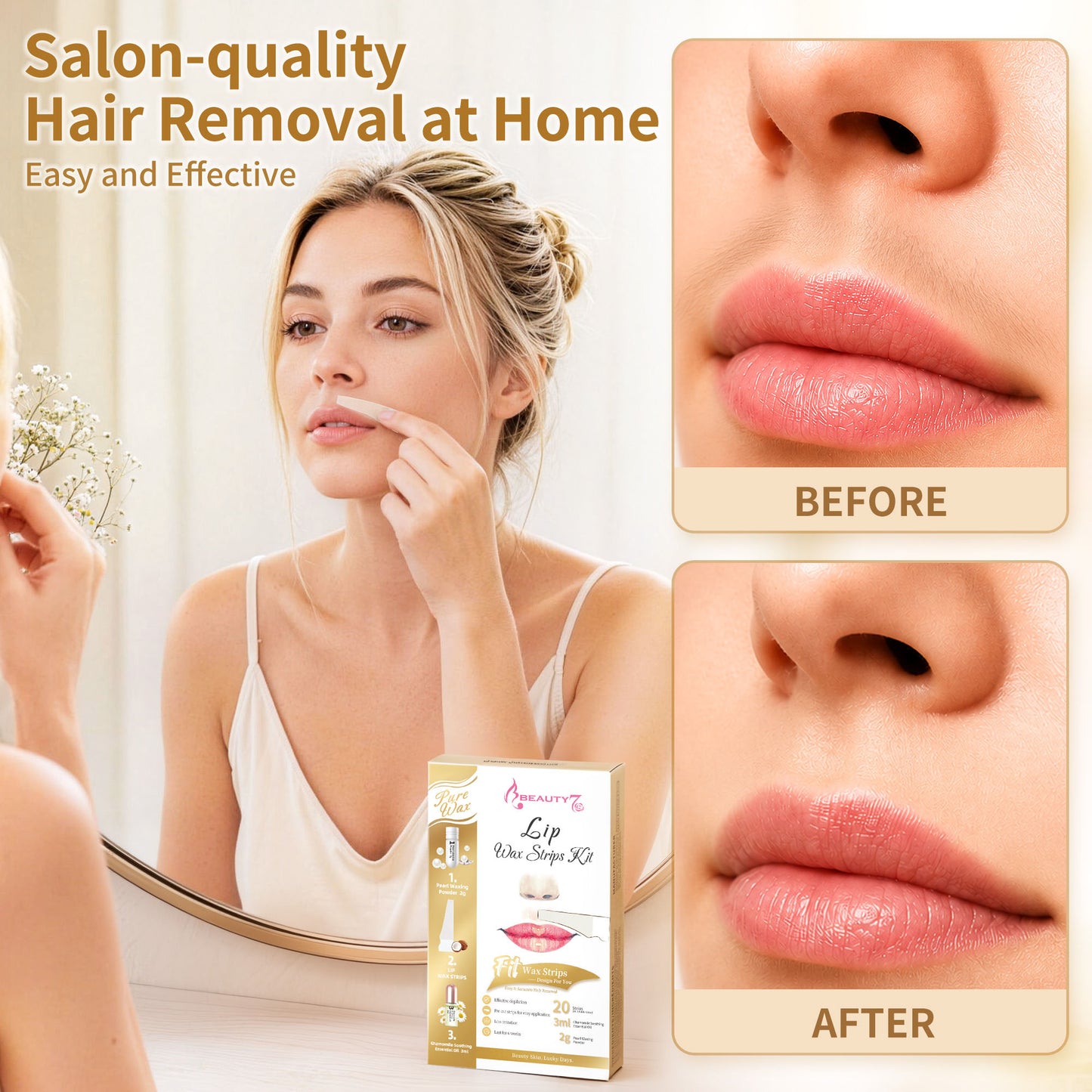 BEAUTY7 Lip Wax Strips, 20 Strips&Pearl Powder& Essential Oil Facial Wax Strips for Upper Lip & Chin –No-Heat Pure Hair Removal, Gentle for All Skin, Smooth Results Up to 6 Weeks