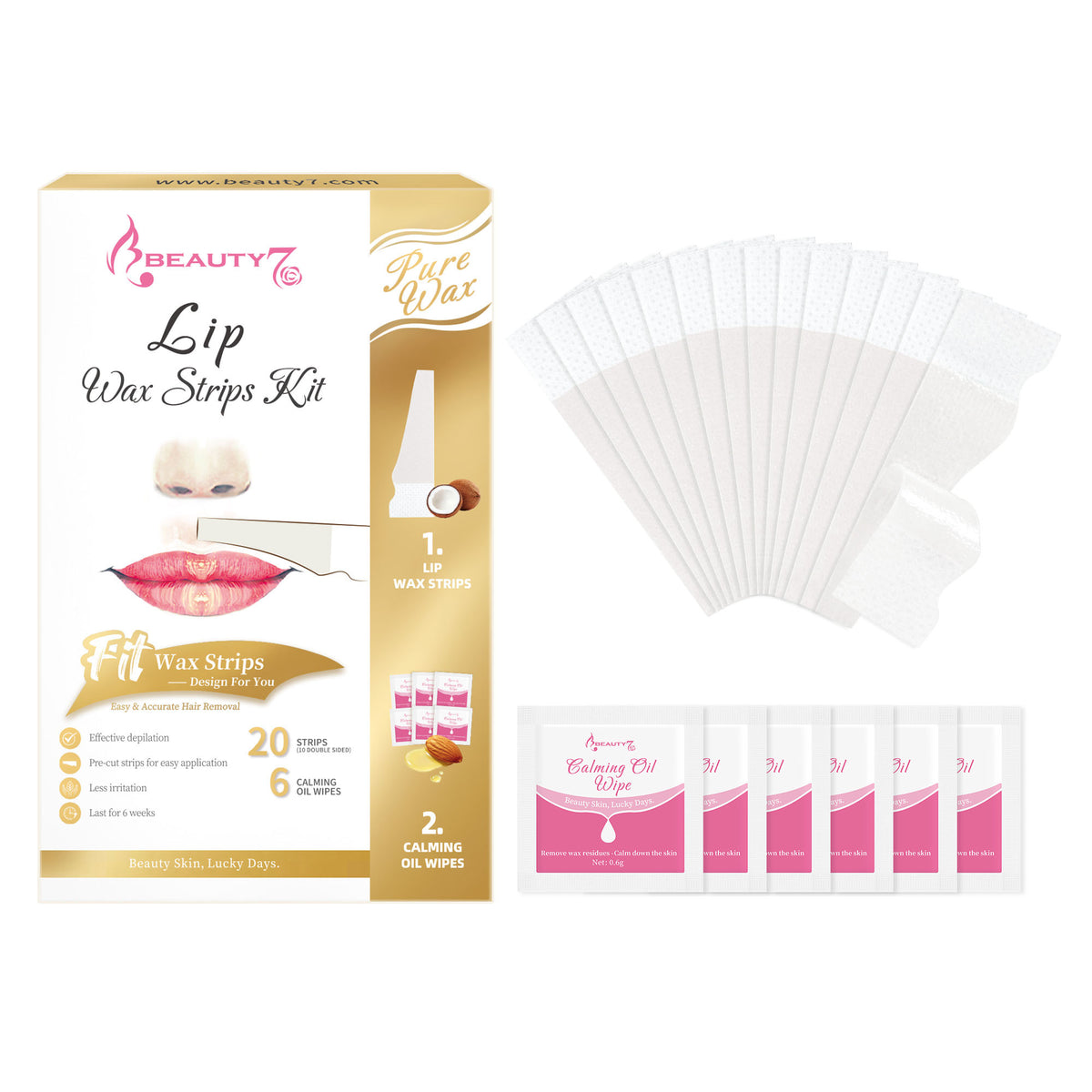 BEAUTY7 Facial Wax Strips for Lip & Chin, 20 Strips& 6 Calming Oil Wipes No-Heat Pure Lip Hair Removal Waxing Strips, Gentle for All Skin, Smooth Results Up to 6 Weeks