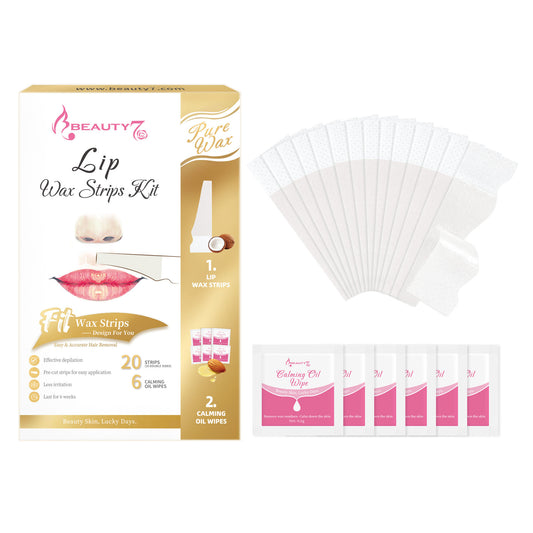 BEAUTY7 Facial Wax Strips for Lip & Chin, 20 Strips& 6 Calming Oil Wipes No-Heat Pure Lip Hair Removal Waxing Strips, Gentle for All Skin, Smooth Results Up to 6 Weeks
