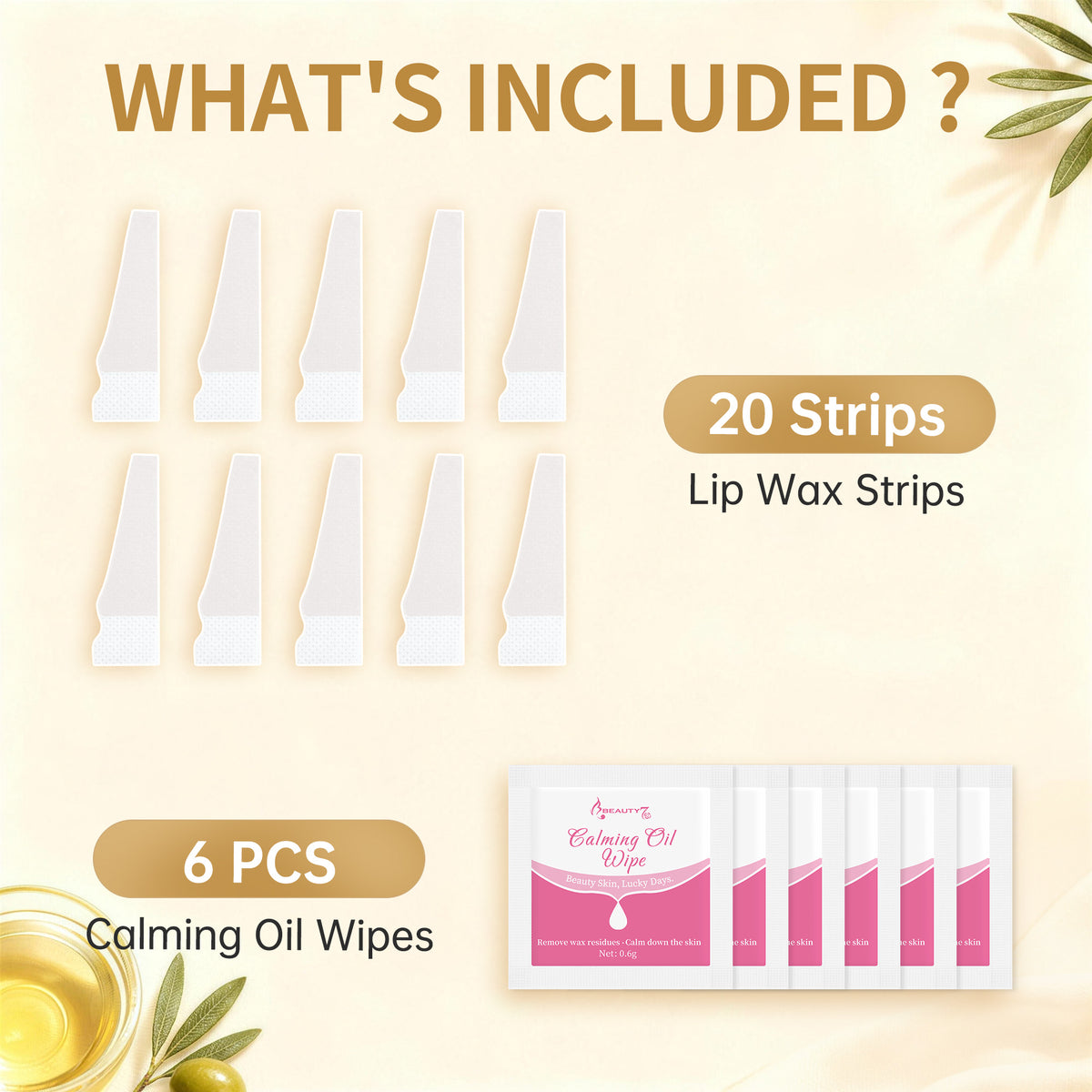 BEAUTY7 Facial Wax Strips for Lip & Chin, 20 Strips& 6 Calming Oil Wipes No-Heat Pure Lip Hair Removal Waxing Strips, Gentle for All Skin, Smooth Results Up to 6 Weeks