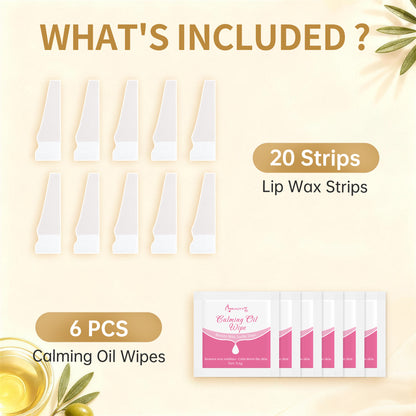 BEAUTY7 Facial Wax Strips for Lip & Chin, 20 Strips& 6 Calming Oil Wipes No-Heat Pure Lip Hair Removal Waxing Strips, Gentle for All Skin, Smooth Results Up to 6 Weeks