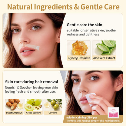 BEAUTY7 Facial Wax Strips for Lip & Chin, 20 Strips& 6 Calming Oil Wipes No-Heat Pure Lip Hair Removal Waxing Strips, Gentle for All Skin, Smooth Results Up to 6 Weeks