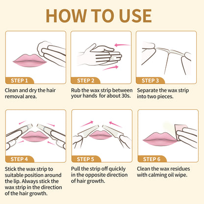 BEAUTY7 Facial Wax Strips for Lip & Chin, 20 Strips& 6 Calming Oil Wipes No-Heat Pure Lip Hair Removal Waxing Strips, Gentle for All Skin, Smooth Results Up to 6 Weeks