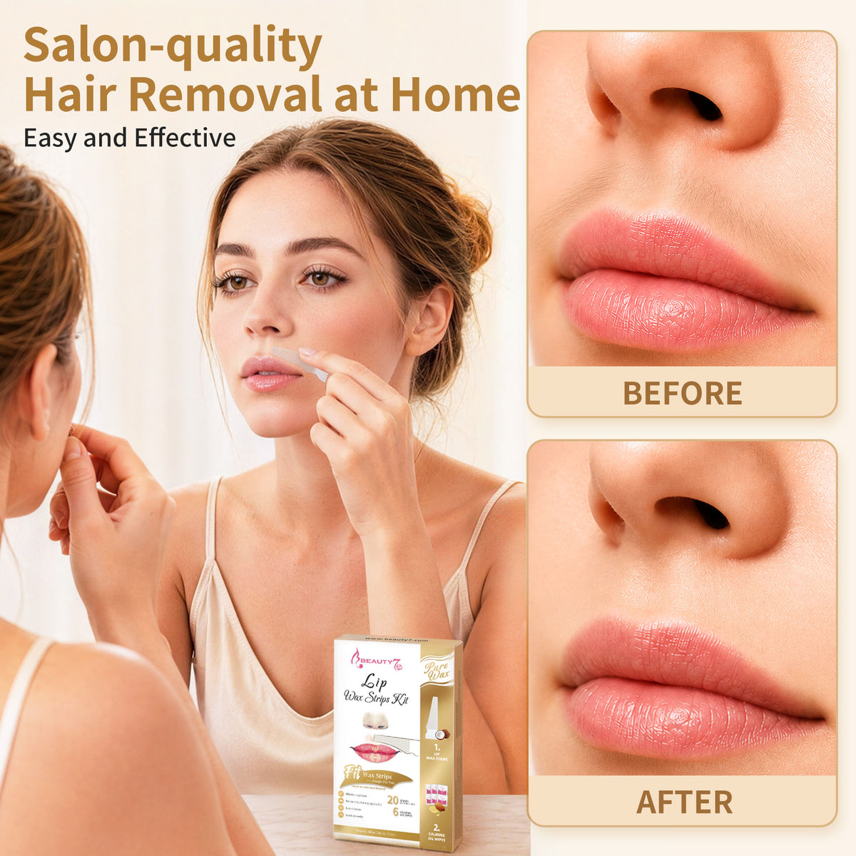 BEAUTY7 Facial Wax Strips for Lip & Chin, 20 Strips& 6 Calming Oil Wipes No-Heat Pure Lip Hair Removal Waxing Strips, Gentle for All Skin, Smooth Results Up to 6 Weeks