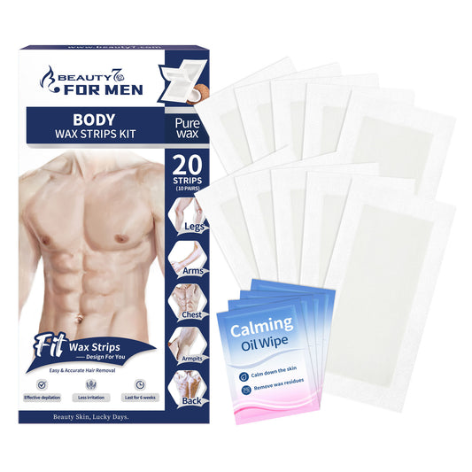 BEAUTY7 Men's Body Wax Strips – 20 No-Heat Pure Waxing Strips Hair Removal for Chest, Back & Arms with 4 Calming Oil Wipes, Smooth Skin Up to 6 Weeks