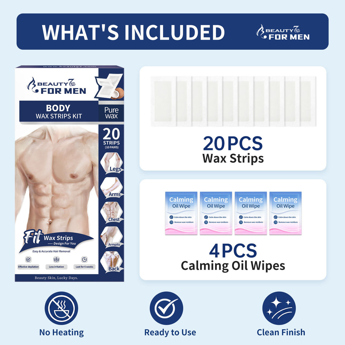 BEAUTY7 Men's Body Wax Strips – 20 No-Heat Pure Waxing Strips Hair Removal for Chest, Back & Arms with 4 Calming Oil Wipes, Smooth Skin Up to 6 Weeks