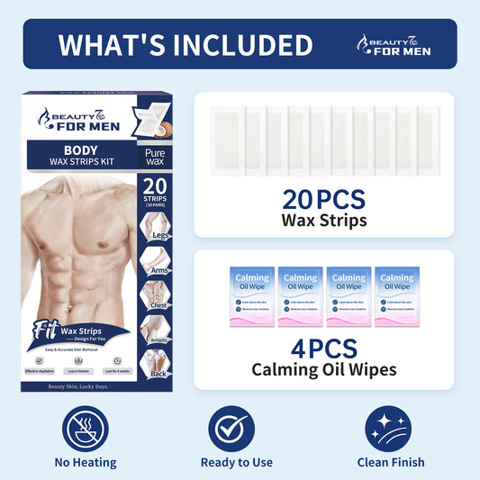 BEAUTY7 Men's Body Wax Strips – 20 No-Heat Pure Waxing Strips Hair Removal for Chest, Back & Arms with 4 Calming Oil Wipes, Smooth Skin Up to 6 Weeks