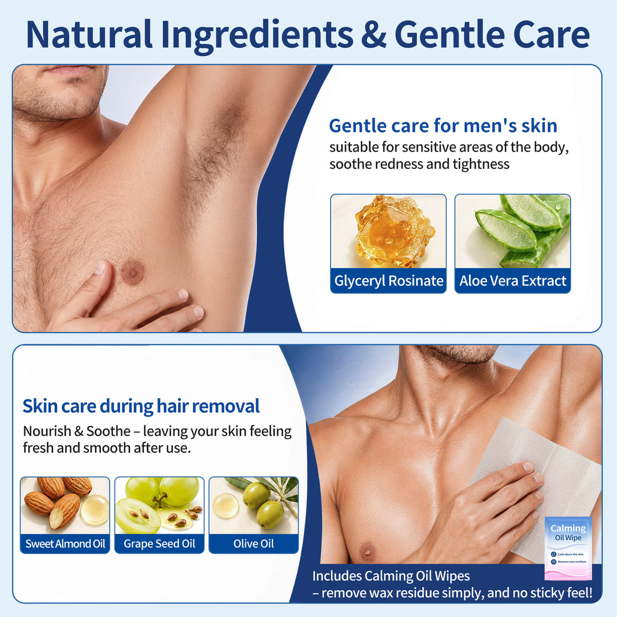 BEAUTY7 Men's Body Wax Strips – 20 No-Heat Pure Waxing Strips Hair Removal for Chest, Back & Arms with 4 Calming Oil Wipes, Smooth Skin Up to 6 Weeks