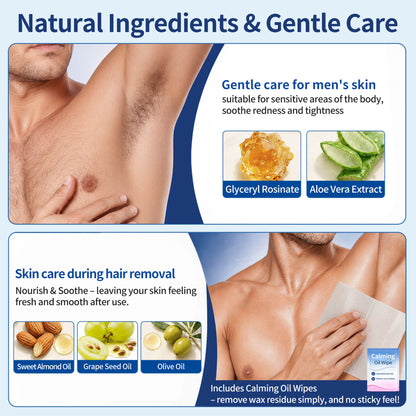 BEAUTY7 Men's Body Wax Strips – 20 No-Heat Pure Waxing Strips Hair Removal for Chest, Back & Arms with 4 Calming Oil Wipes, Smooth Skin Up to 6 Weeks
