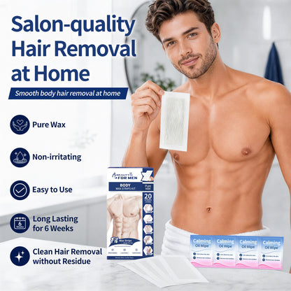 BEAUTY7 Men's Body Wax Strips – 20 No-Heat Pure Waxing Strips Hair Removal for Chest, Back & Arms with 4 Calming Oil Wipes, Smooth Skin Up to 6 Weeks