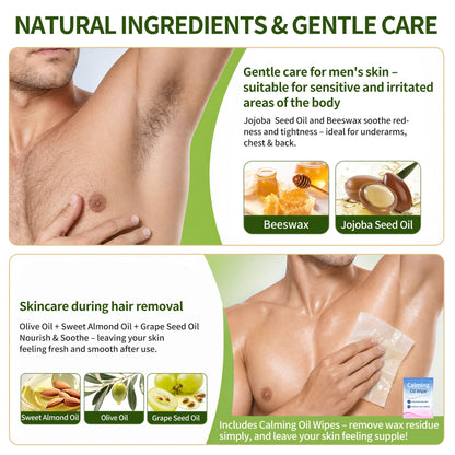 Body Wax Strips for Men, At Home Waxing Kit for Coarse Hair, 20 Counts Body Hair Removal with 6 Calming Oil Wipes, No Heating Required, No Mess, Up to 6 Weeks Smoothness, Ready to Use