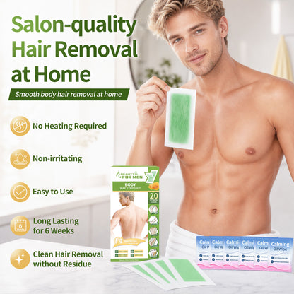 Body Wax Strips for Men, At Home Waxing Kit for Coarse Hair, 20 Counts Body Hair Removal with 6 Calming Oil Wipes, No Heating Required, No Mess, Up to 6 Weeks Smoothness, Ready to Use