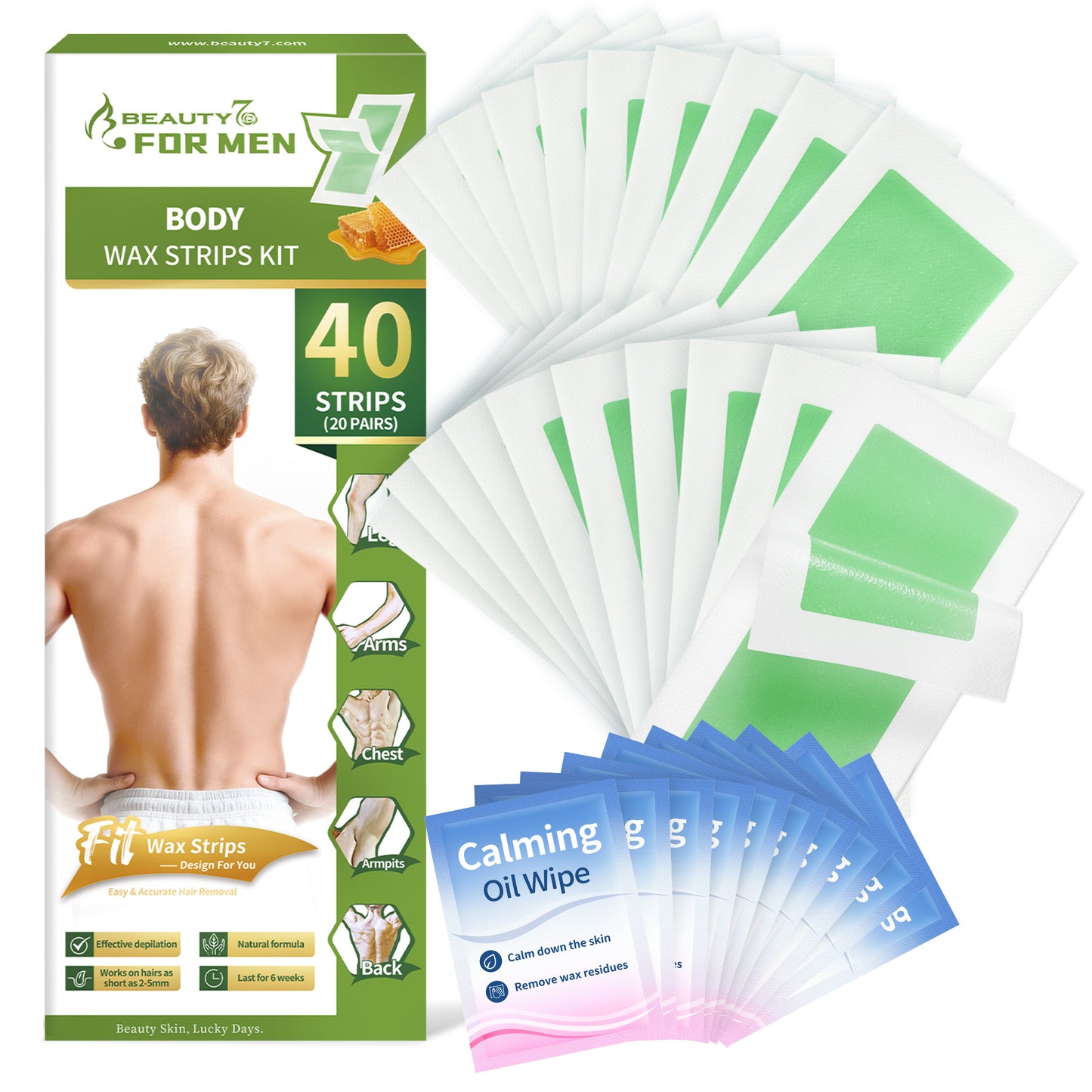 Body Wax Strips for Men, At Home Waxing Kit for Coarse Hair, 40 Couts Body Hair Removal with 10 Calming Oil Wipes, No Heating Required, No Mess, Up to 6 Weeks Smoothness, Ready to Use