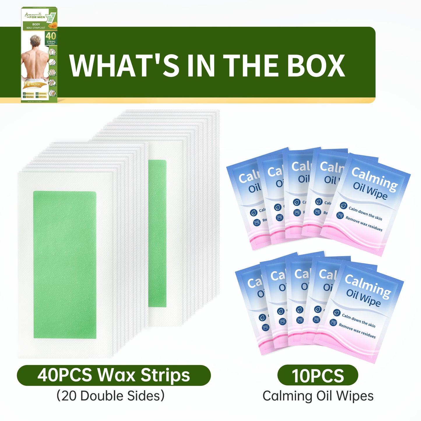 Body Wax Strips for Men, At Home Waxing Kit for Coarse Hair, 40 Couts Body Hair Removal with 10 Calming Oil Wipes, No Heating Required, No Mess, Up to 6 Weeks Smoothness, Ready to Use