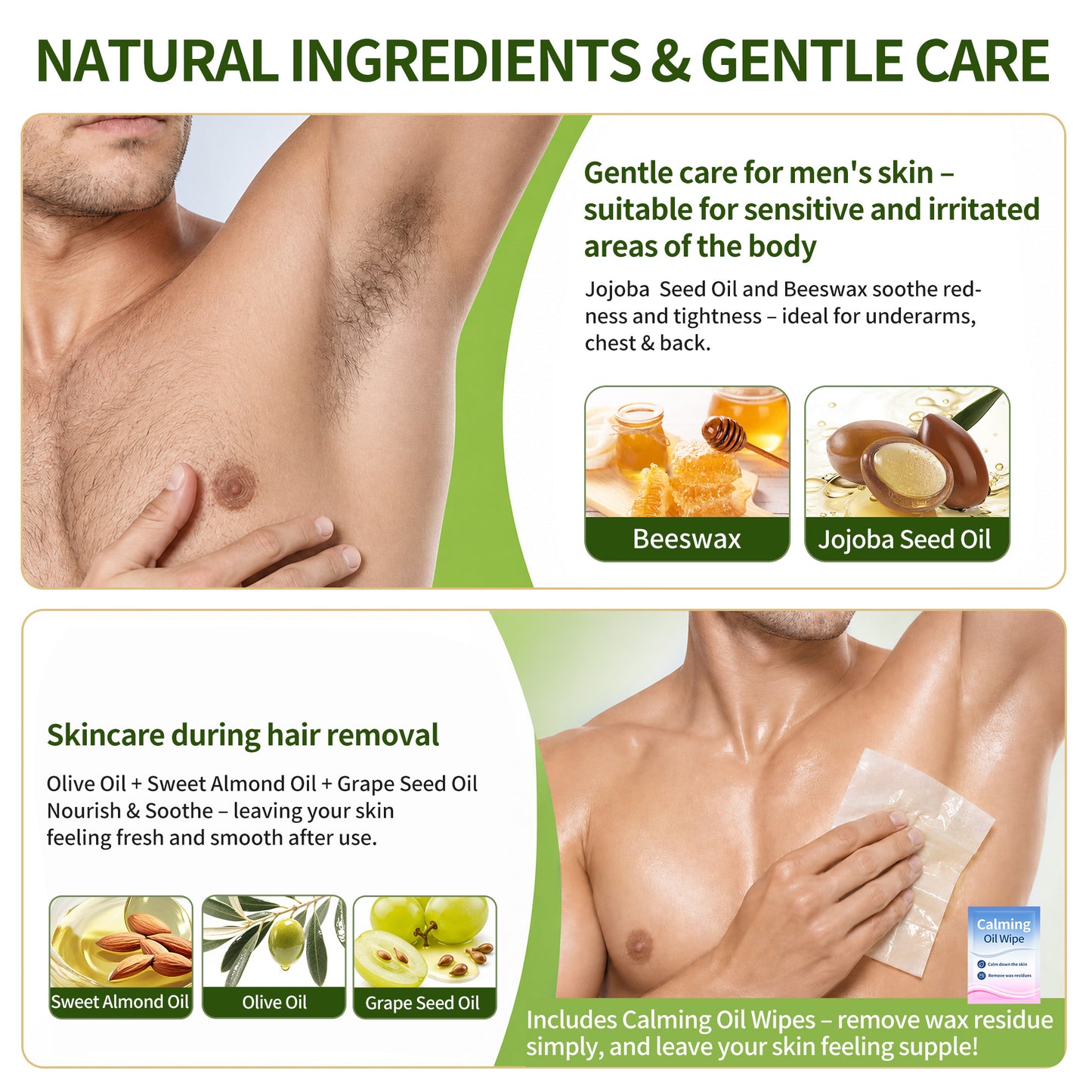 Body Wax Strips for Men, At Home Waxing Kit for Coarse Hair, 40 Couts Body Hair Removal with 10 Calming Oil Wipes, No Heating Required, No Mess, Up to 6 Weeks Smoothness, Ready to Use