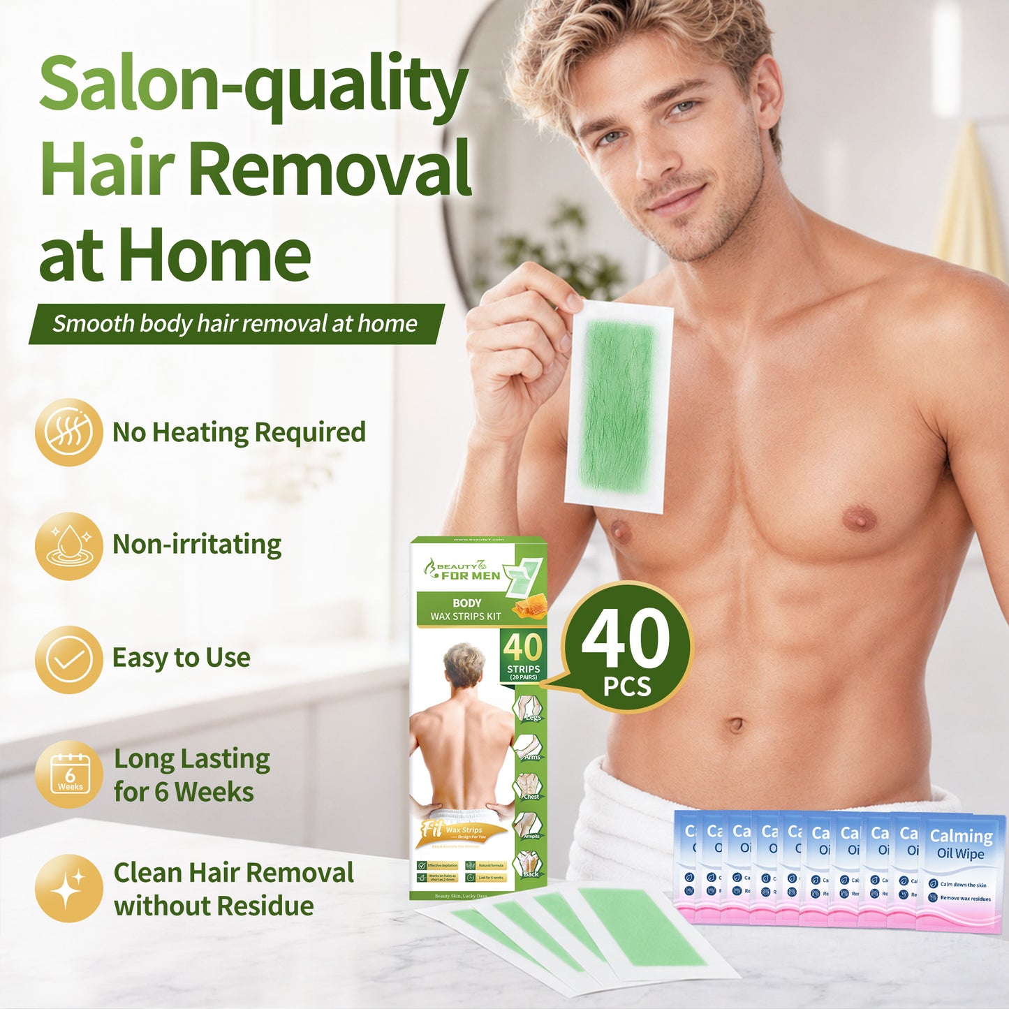 Body Wax Strips for Men, At Home Waxing Kit for Coarse Hair, 40 Couts Body Hair Removal with 10 Calming Oil Wipes, No Heating Required, No Mess, Up to 6 Weeks Smoothness, Ready to Use