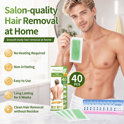 Body Wax Strips for Men, At Home Waxing Kit for Coarse Hair, 40 Couts Body Hair Removal with 10 Calming Oil Wipes, No Heating Required, No Mess, Up to 6 Weeks Smoothness, Ready to Use