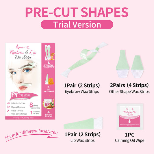 BEAUTY7 Pre-Cut Facial Wax Strips Trial Kit, 8 Strips&1 Calming Oil Wipes Ready to Use Eyebrow& Lip Hair Removal– No Heat, for Sensitive Skin