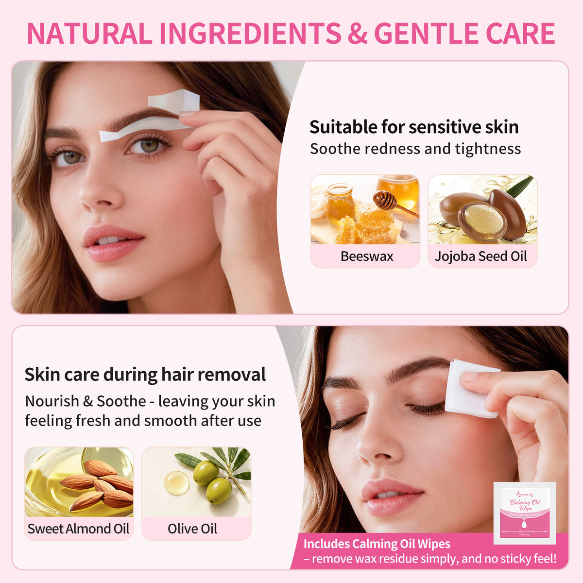 BEAUTY7 Pre-Cut Facial Wax Strips Trial Kit, 8 Strips&1 Calming Oil Wipes Ready to Use Eyebrow& Lip Hair Removal– No Heat, for Sensitive Skin