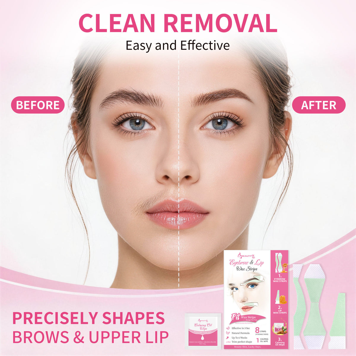 BEAUTY7 Pre-Cut Facial Wax Strips Trial Kit, 8 Strips&1 Calming Oil Wipes Ready to Use Eyebrow& Lip Hair Removal– No Heat, for Sensitive Skin