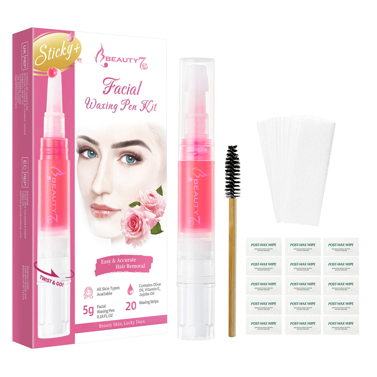 Beauty7 Sticky Eyebrow Wax Kit, Face Waxing Kit, Facial Hair Removal for Upper Lip Cheeks Chin, Eyebrow Shaper Wax Kit, Waxing Strips for All Skin Type for Women