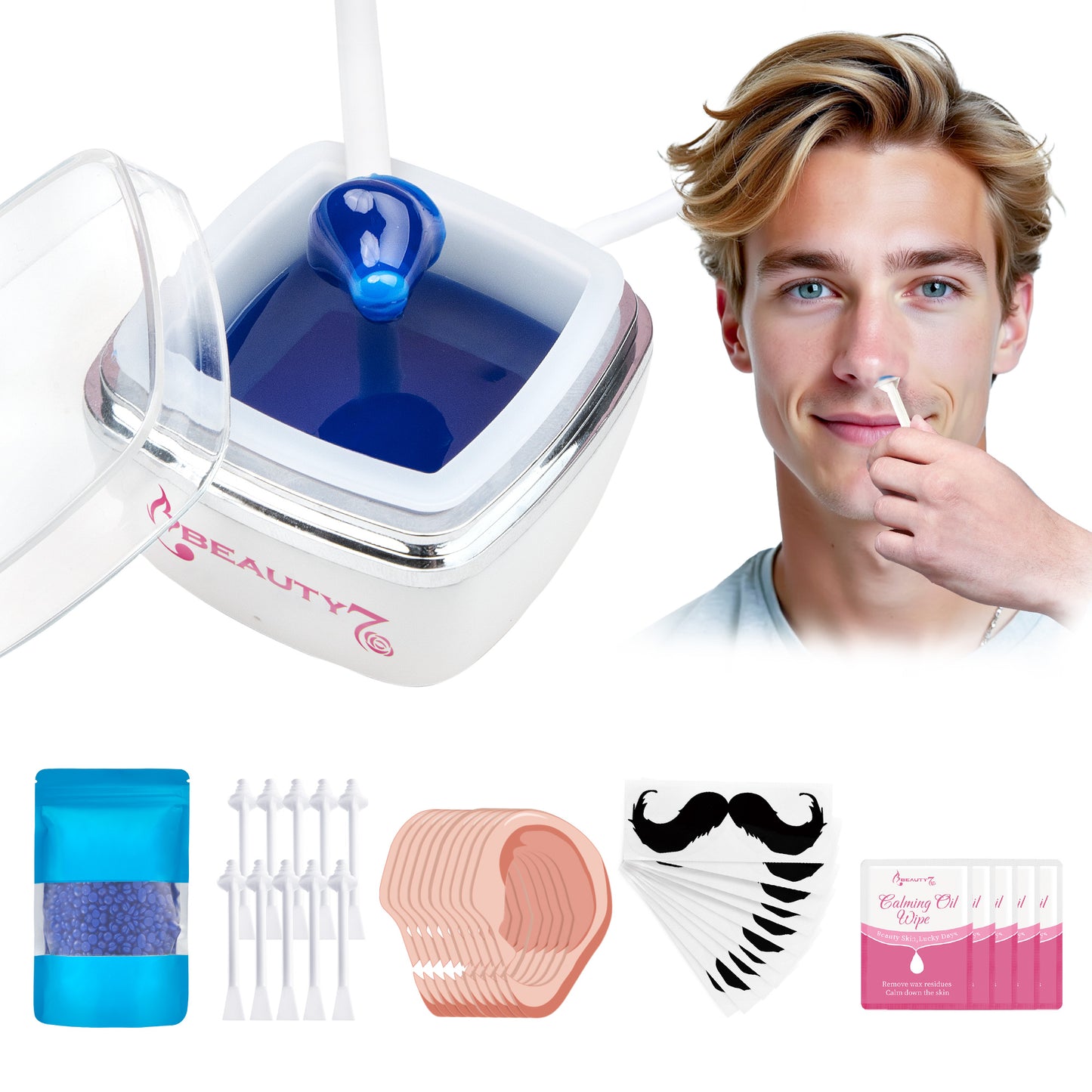 Beauty7 Nasenwachs-Kit, Ohren-Nasen-Wachs-Kit für Frauen und Männer, Tragbarer Wachs-Wärmer für Gesichts-Haarentfernung, USB Schnelles Heizen, 100g Wachsperlen, 10 Applikatoren, 10 Schnurrbart-Patches, 5 Beruhigungsöl-Tücher