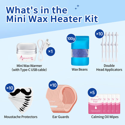 Beauty7 Nasenwachs-Kit, Ohren-Nasen-Wachs-Kit für Frauen und Männer, Tragbarer Wachs-Wärmer für Gesichts-Haarentfernung, USB Schnelles Heizen, 100g Wachsperlen, 10 Applikatoren, 10 Schnurrbart-Patches, 5 Beruhigungsöl-Tücher