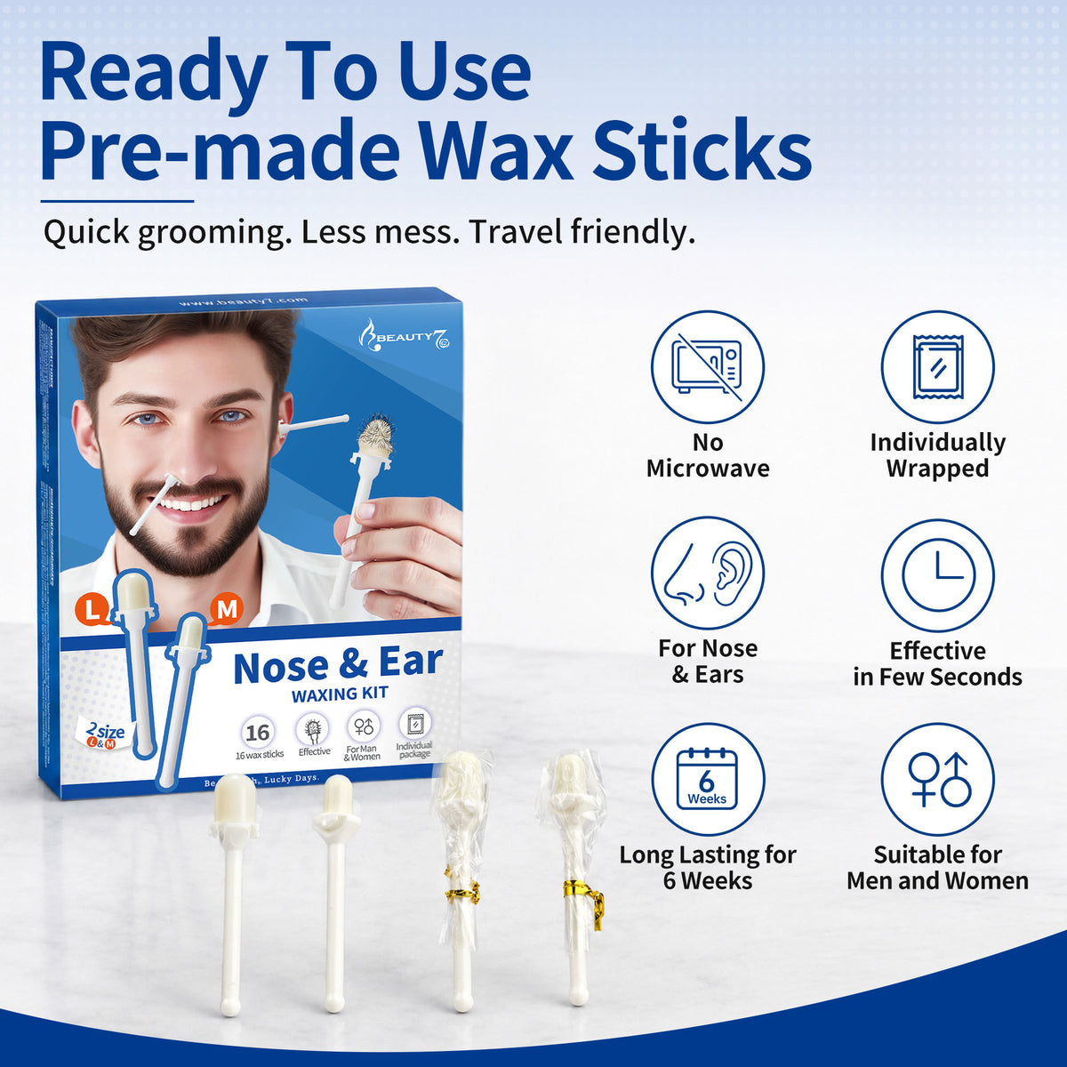 Beauty7 Nose Wax Kit, Ready to Use Waxing Sticks- Nose and Ear Epilation, Easy to Use, Safe and Natural Hair Removal Kit- 16 Wax Sticks