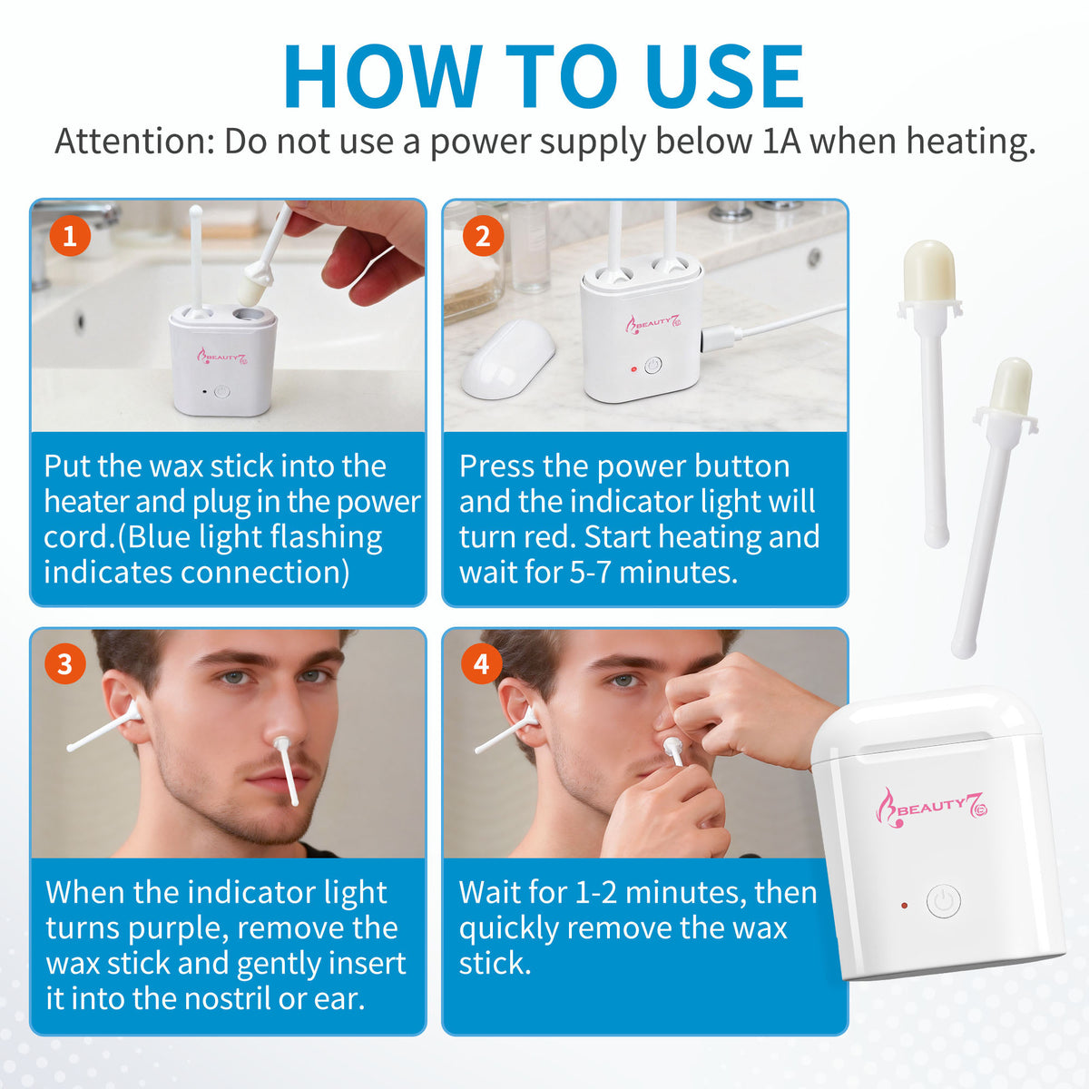 Beauty7 Nasal & Ear Hair Remover Kit, Gentle Waxing Kit for Men & Women, At Home Nose Ear Hair Removal, Long Lasting Up to 6 Weeks,Double Pot Wax Heater, USB Type‑C Powered.
