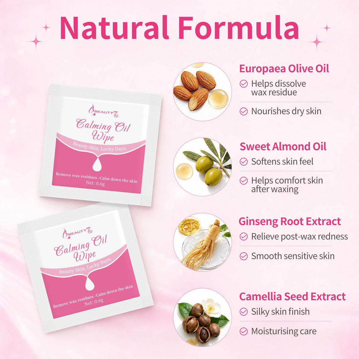 Beauty7 Post Wax Calming Oil Wipes – 20 Individually Wrapped Packets Soothing Cleansing Cloths to Remove Wax Residue, Post Waxing Cleanser at Home Use