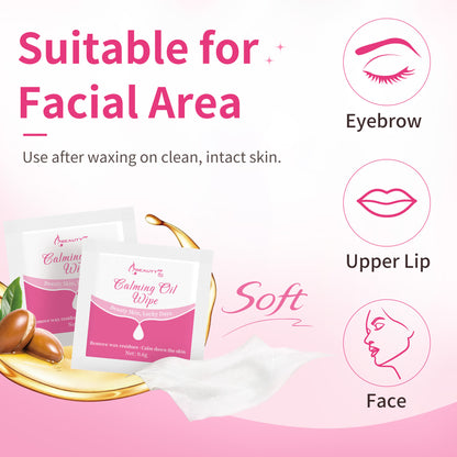 Beauty7 Post Wax Calming Oil Wipes – 20 Individually Wrapped Packets Soothing Cleansing Cloths to Remove Wax Residue, Post Waxing Cleanser at Home Use