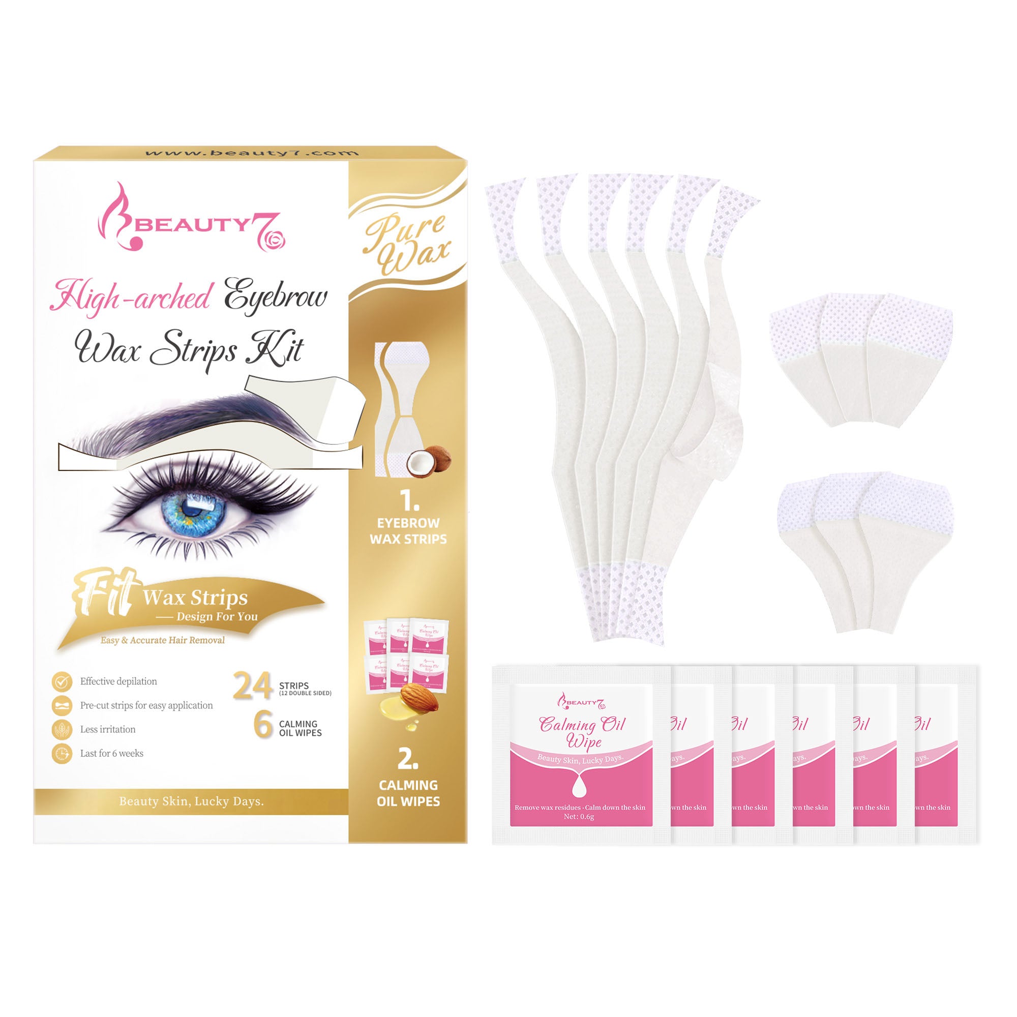 BEAUTY7 High-arched Eyebrow Wax Strips – 24 Strips 6 Soothing Oil Wipes At-Home Brow Shaping, No-Heat Facial Hair Removal for Women, Smooth Results Up to 6 Weeks