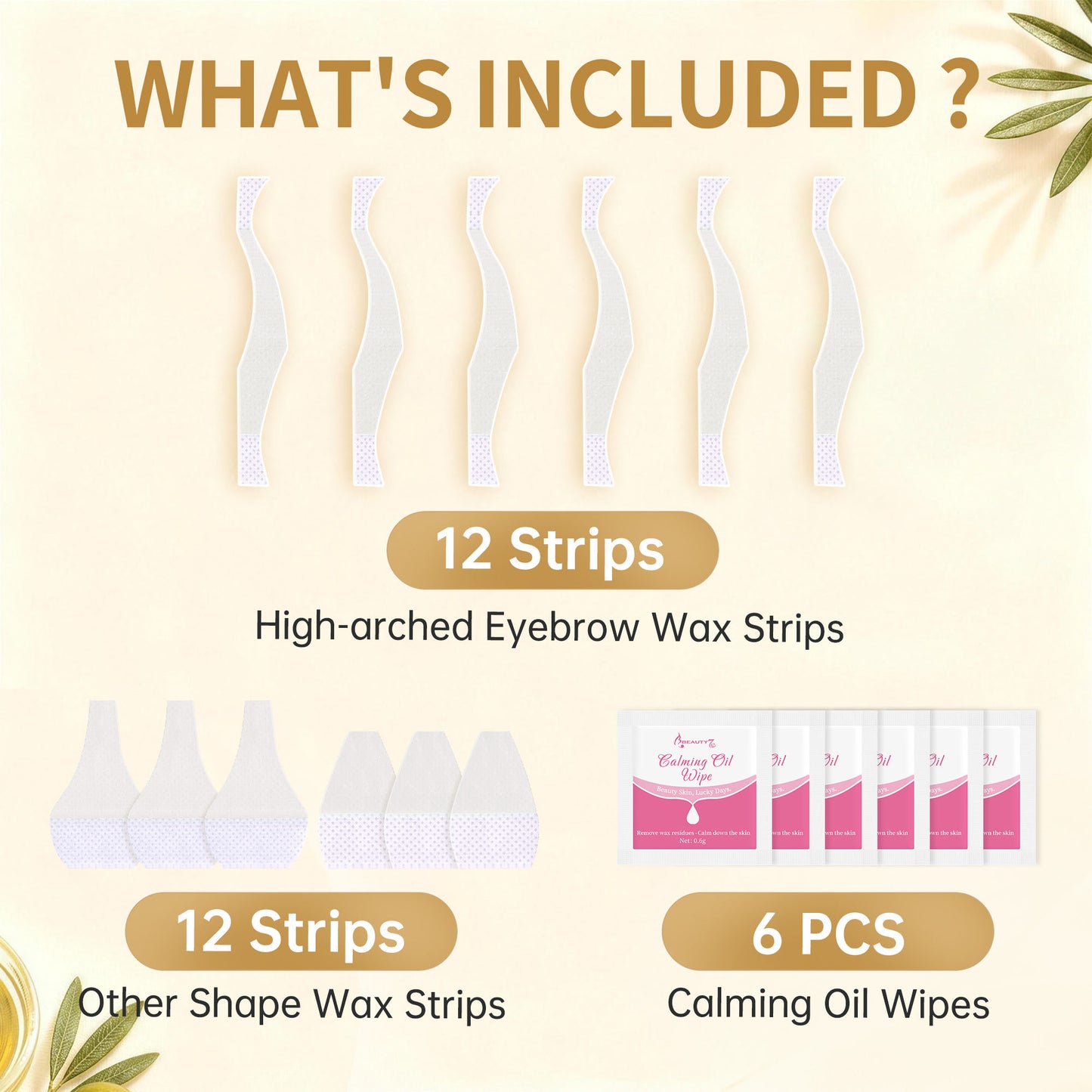 BEAUTY7 High-arched Eyebrow Wax Strips – 24 Strips 6 Soothing Oil Wipes At-Home Brow Shaping, No-Heat Facial Hair Removal for Women, Smooth Results Up to 6 Weeks