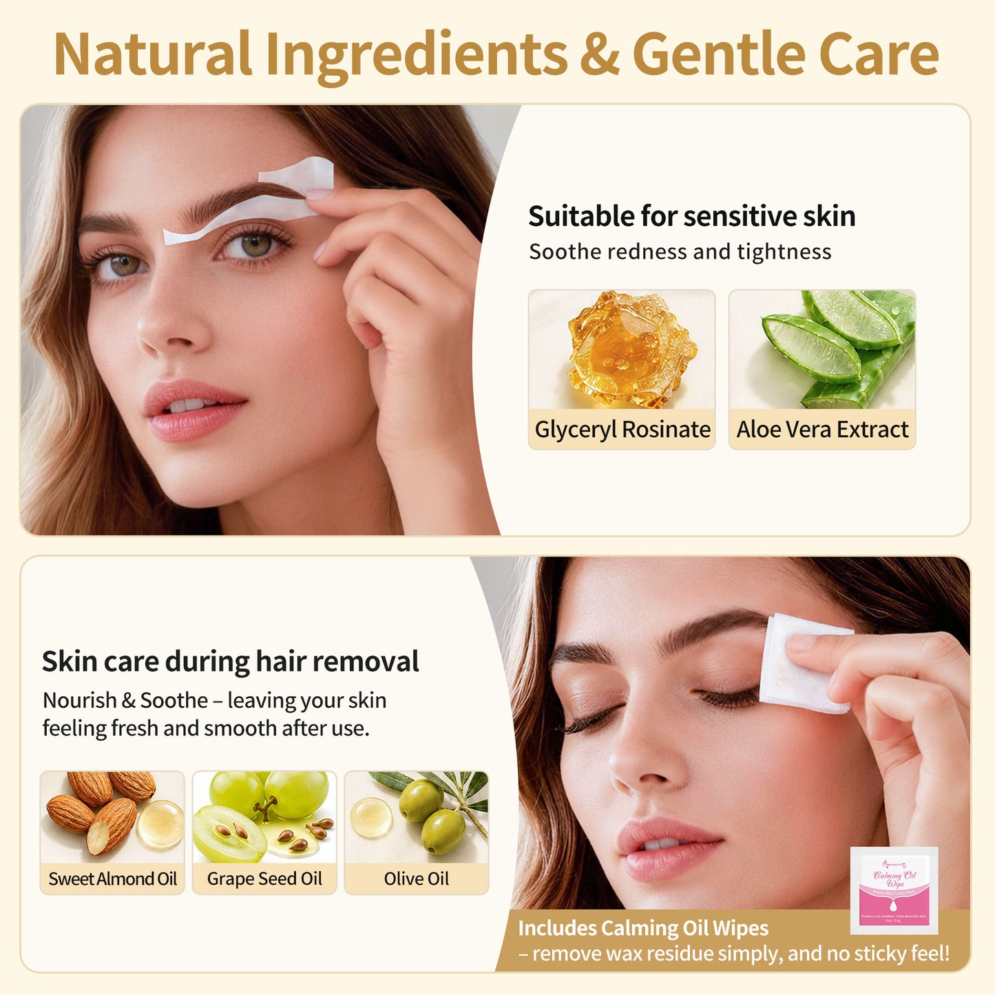 BEAUTY7 High-arched Eyebrow Wax Strips – 24 Strips 6 Soothing Oil Wipes At-Home Brow Shaping, No-Heat Facial Hair Removal for Women, Smooth Results Up to 6 Weeks