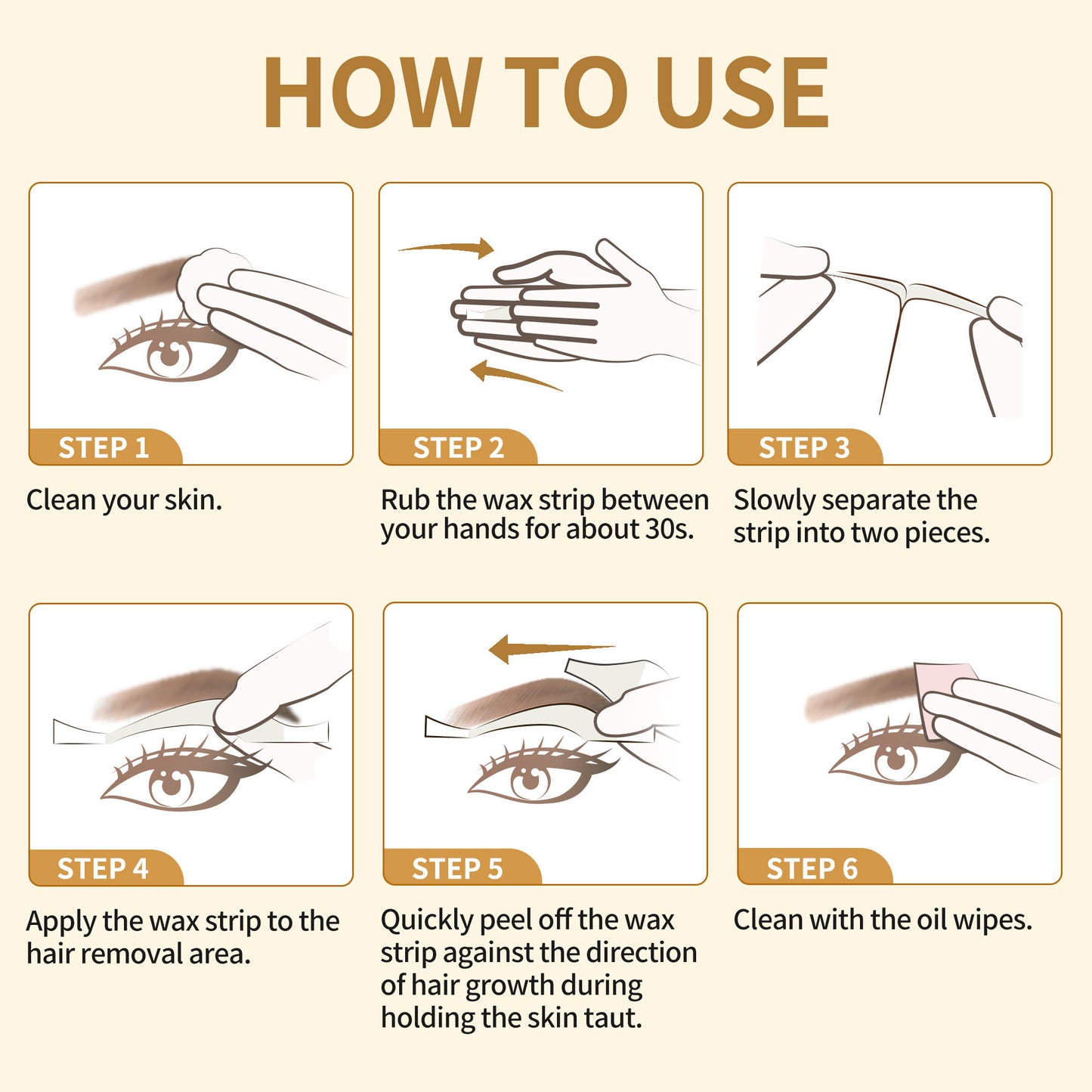 BEAUTY7 High-arched Eyebrow Wax Strips – 24 Strips 6 Soothing Oil Wipes At-Home Brow Shaping, No-Heat Facial Hair Removal for Women, Smooth Results Up to 6 Weeks