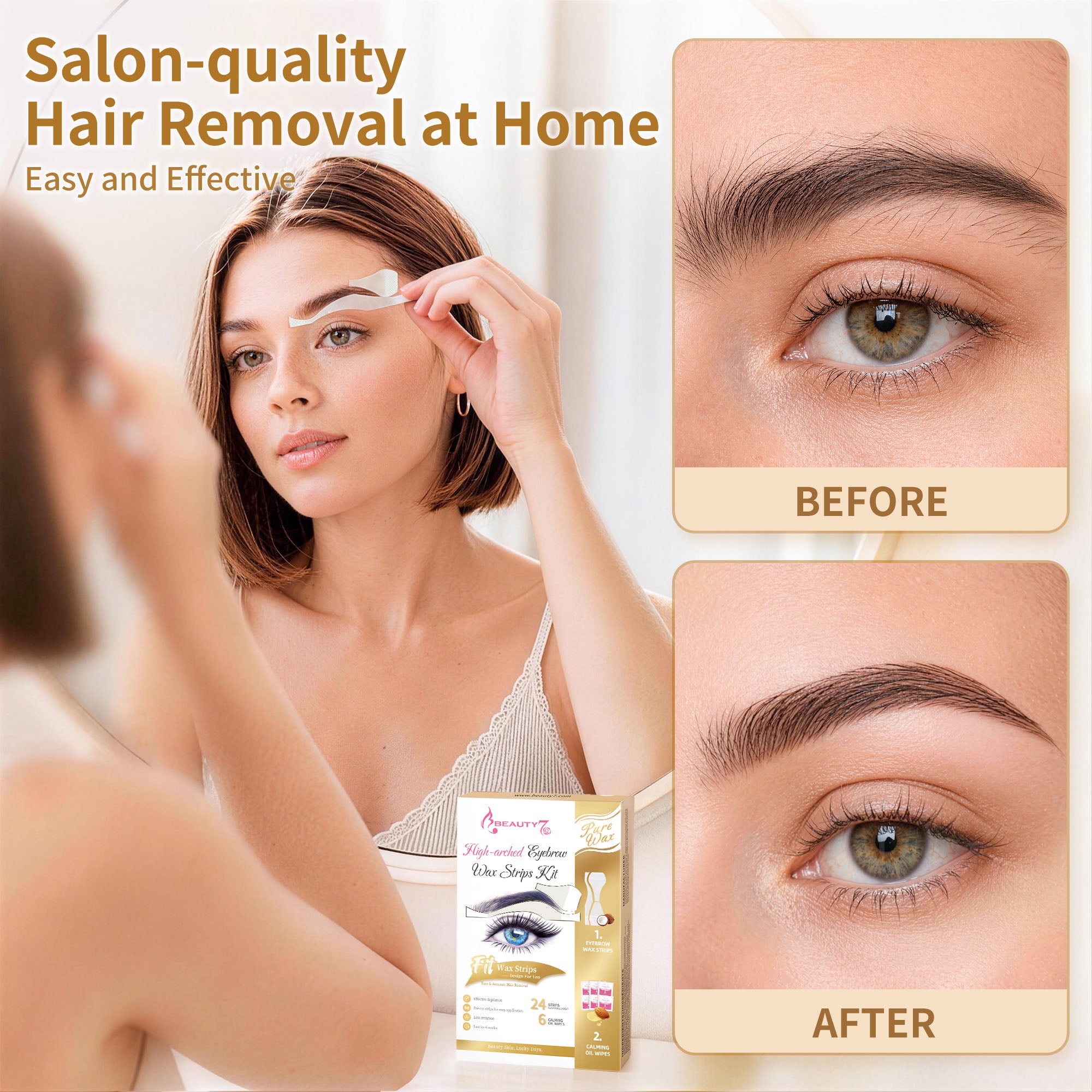 BEAUTY7 High-arched Eyebrow Wax Strips – 24 Strips 6 Soothing Oil Wipes At-Home Brow Shaping, No-Heat Facial Hair Removal for Women, Smooth Results Up to 6 Weeks
