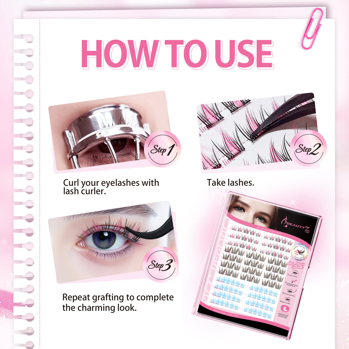 Beauty7 Self Adhesive Eyelashes 114pcs Lash Clusters 3 Colors Press On Eyelash