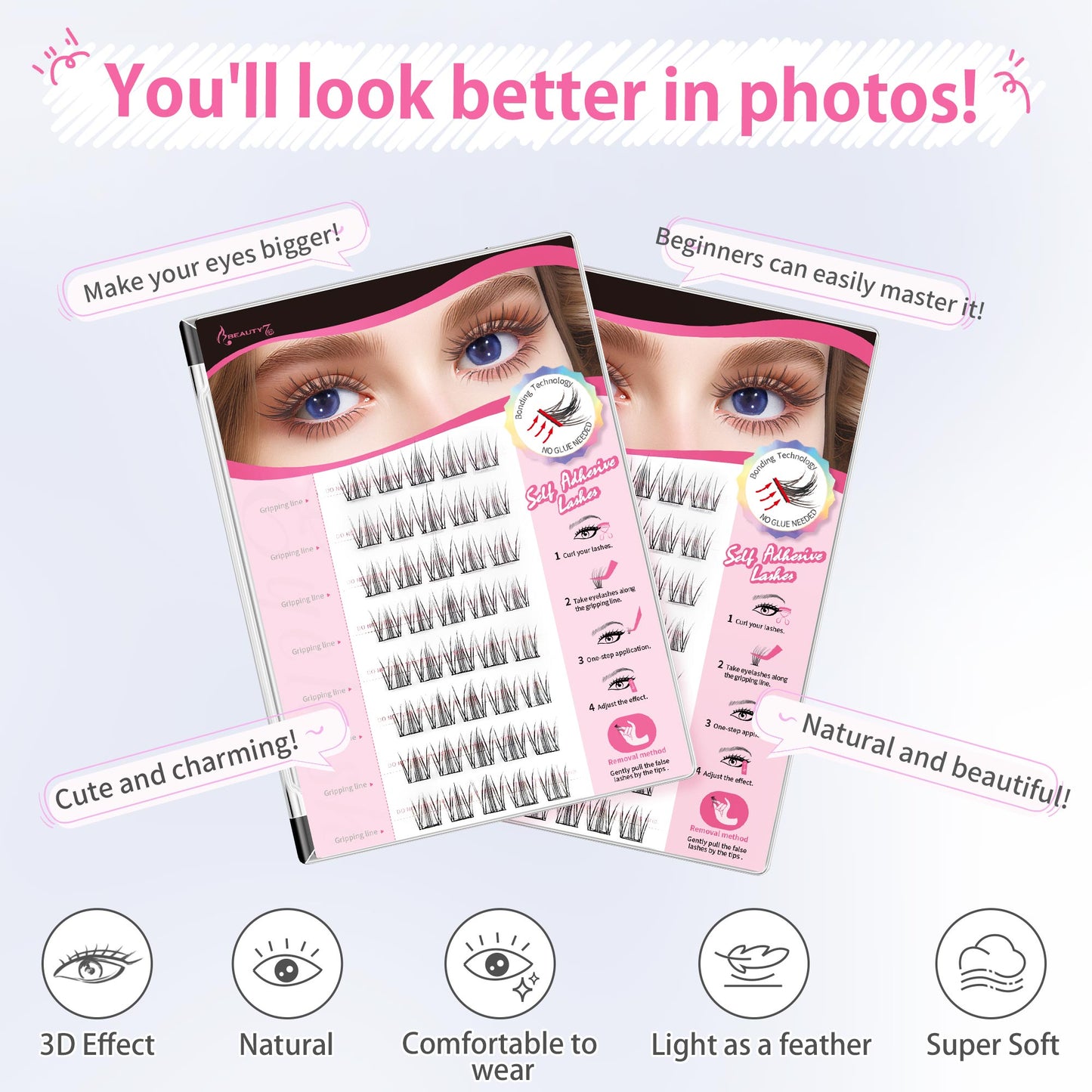 Beauty7 Self Adhesive Eyelashes 40pcs DIY Lash Clusters Press On Self Stick Lashes Reusable Self-adhesive Eyelash Clusters 1 Step Lashes Pre Glued Cluster Lashes (Camellia)