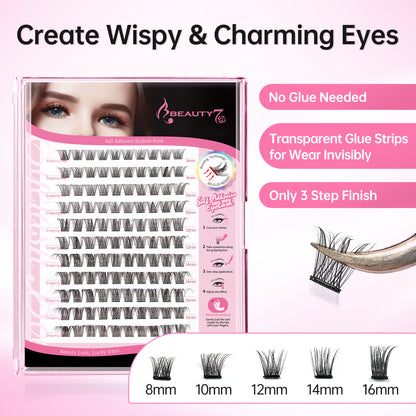 Beauty7 Self Adhesive Eyelashes, No Glue Needed, Self Adhesive Lash Clusters, Pre-Glued Eyelashes, Reusable Eyelash Clusters, D Curl 110pcs Clusters DIY Lash Extension (110pcs)