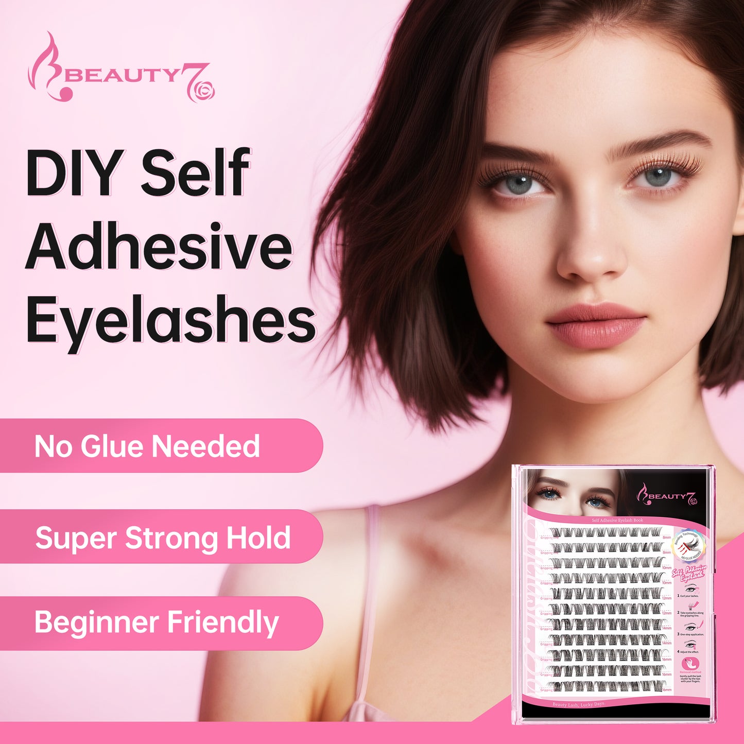 Beauty7 Self Adhesive Eyelashes, No Glue Needed, Self Adhesive Lash Clusters, Pre-Glued Eyelashes, Reusable Eyelash Clusters, D Curl 110pcs Clusters DIY Lash Extension (110pcs)