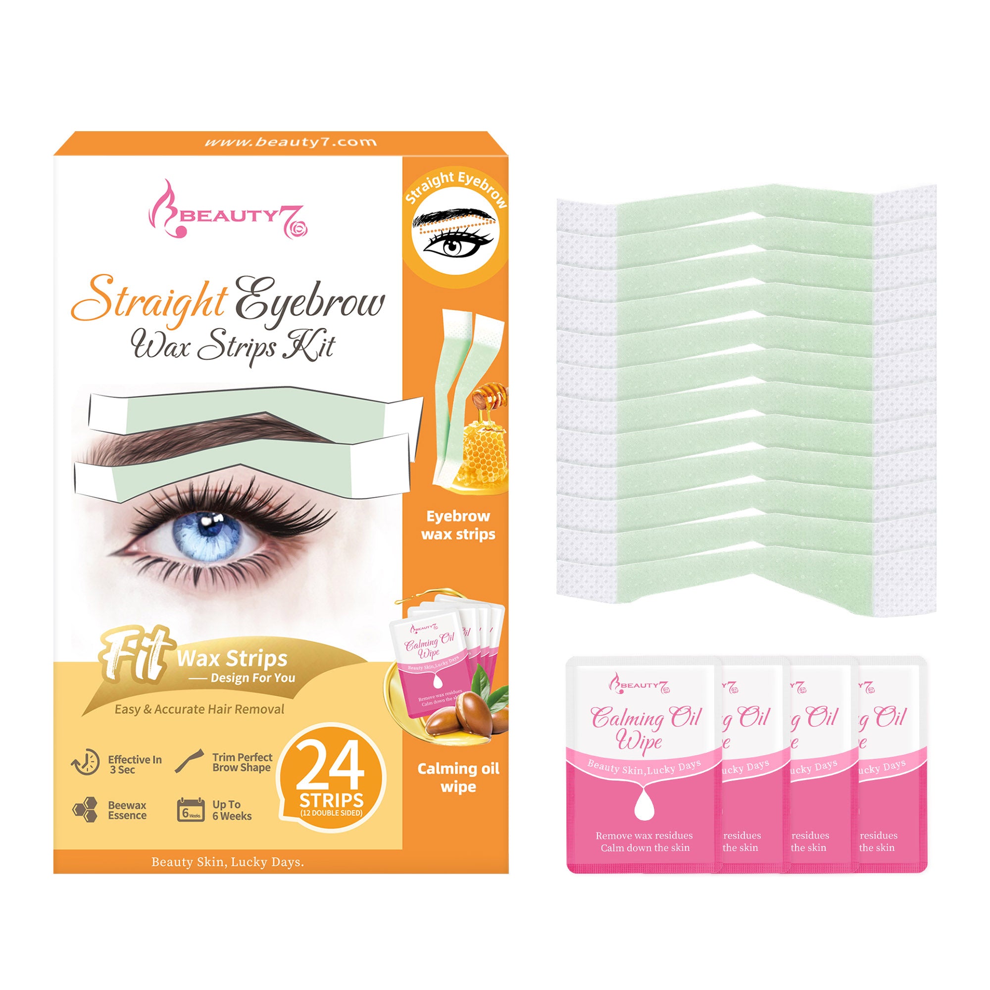 Beauty7 Fit Facial Wax Strips for Hair Removal -Straight Eyebrow Wax Strips at Home - 24 Strip, 4 Calming Oil Wipes for All Skin Types for Women