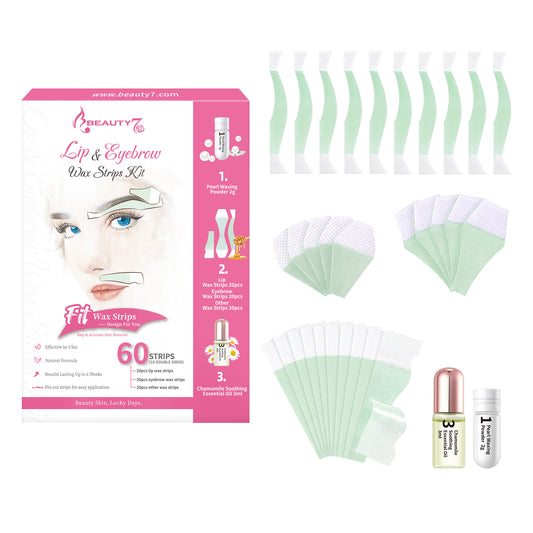 Beauty7 Pre-Cut Facial Wax Strips for Women, Large Packs 60 Strips Eyebrow and Lip Hair Removal with Pearl Powder and Essential Oil, at Home Wax Strips for All Skin Types