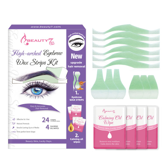 Beauty7 Hight Arched Eyebrow Wax Strips, Eyebrow Waxing Strips- 24 pcs Strip+ 4 Soothing Oil Wipes, for Facial Hair Removal, Ideal for All Skin Types for Women