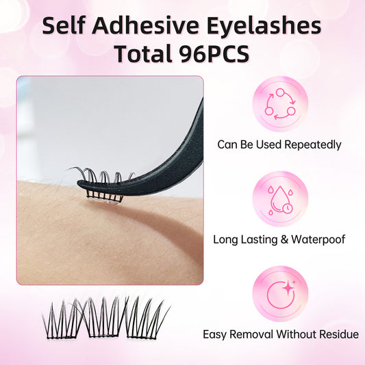 Self Adhesive Eyelashes 40pcs Reusable C Curl Cluster Lash 13-15mm Eyelashes with Glue Eyelashes No Glue Needed Lash Application Asia Lash (Style ACE 96pcs)