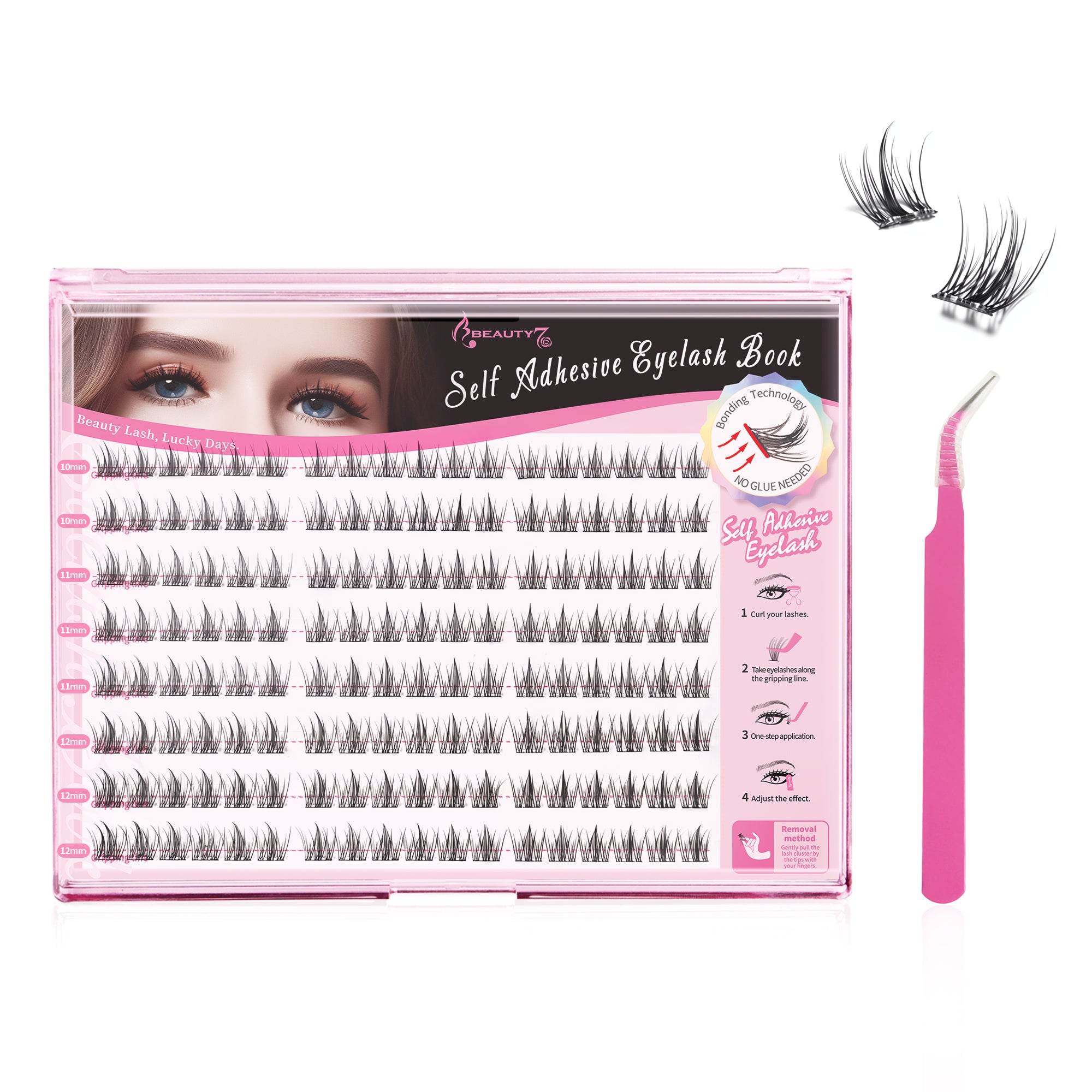 Beauty7 Self Adhesive Eyelashes, No Glue Needed Fairy Lashes, Self Adhesive Lash Clusters, Pre-Glued Eyelashes, Reusable Eyelash Clusters, C Curl 144pcs Clusters DIY Lash