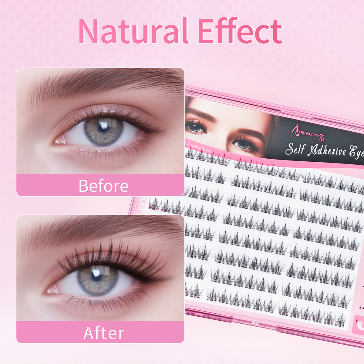 Beauty7 Self Adhesive Eyelashes, No Glue Needed Fairy Lashes, Self Adhesive Lash Clusters, Pre-Glued Eyelashes, Reusable Eyelash Clusters, C Curl 144pcs Clusters DIY Lash
