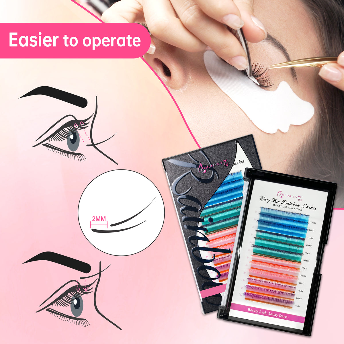Beauty7 Easy Fan Rainbow Lashes Ombre Gradient Color Lash Extensions D Curl 0.07mm
