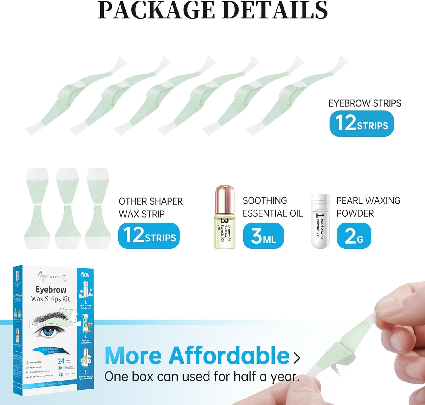 Beauty7 Men's Eyebrow Wax Strips Hair Removal 24 pcs with Pearl Powder Essential Oil