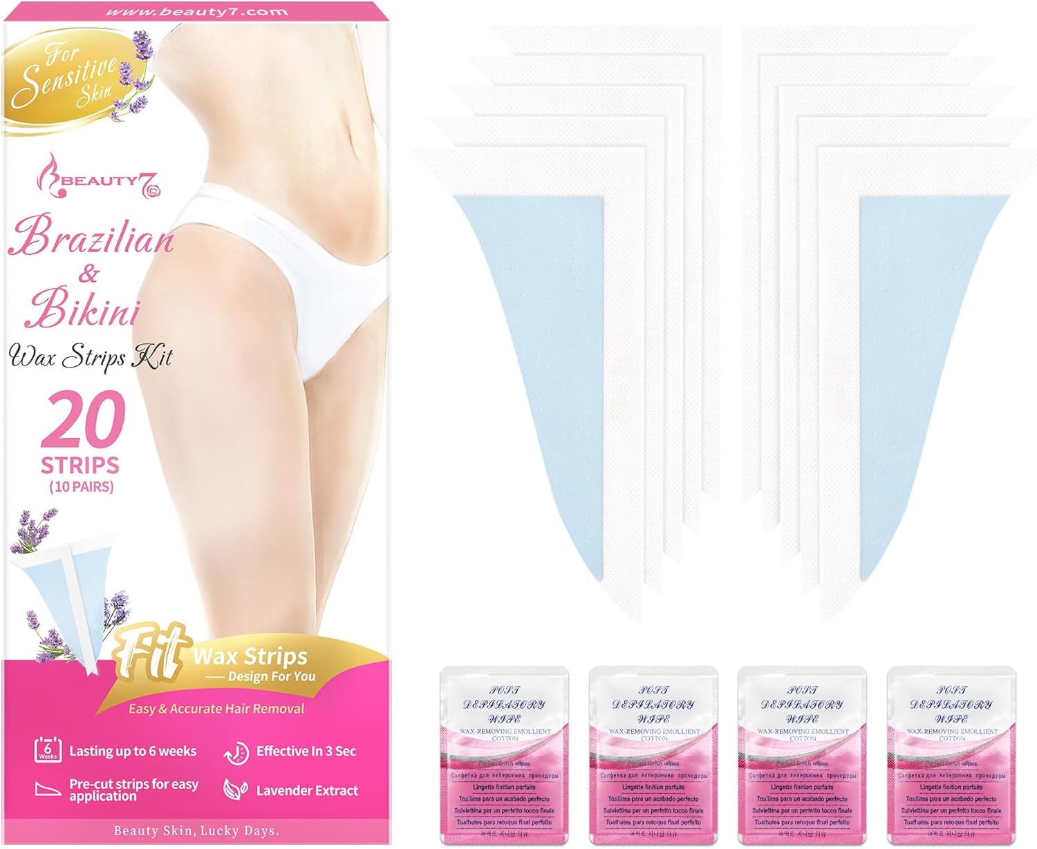 Beauty7 Bikini Wax Strips, Ready to Use Body Wax Strips, at Home Waxing, 20 Strip for Bikini, 4 Calming Oil Wipes for Sensitive Skin Types for Women