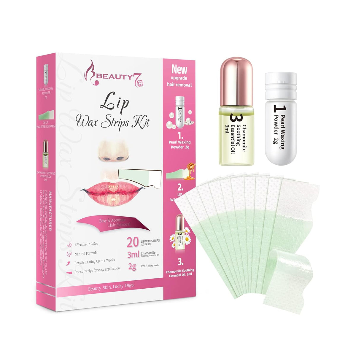 Beauty7 Lip Wax Strips Lip Hair Removal Wax Strips for Sensitive All Skin Types Women 20 pcs with Pearl Powder Essential Oil